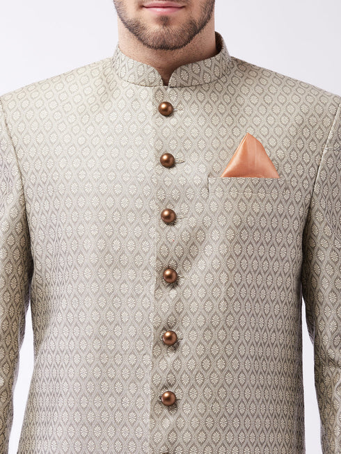 Vastramay Men's Beige, Grey And Coffee Brown Silk Blend Sherwani Set